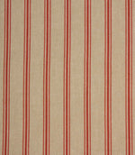 Close-up of red striped fabric with textured beige weave and evenly spaced fine vertical stripes.