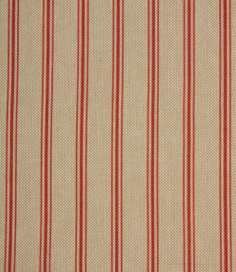Close-up of red striped fabric with textured beige weave and evenly spaced fine vertical stripes.