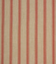 Close-up of red striped fabric with textured beige weave and evenly spaced fine vertical stripes.