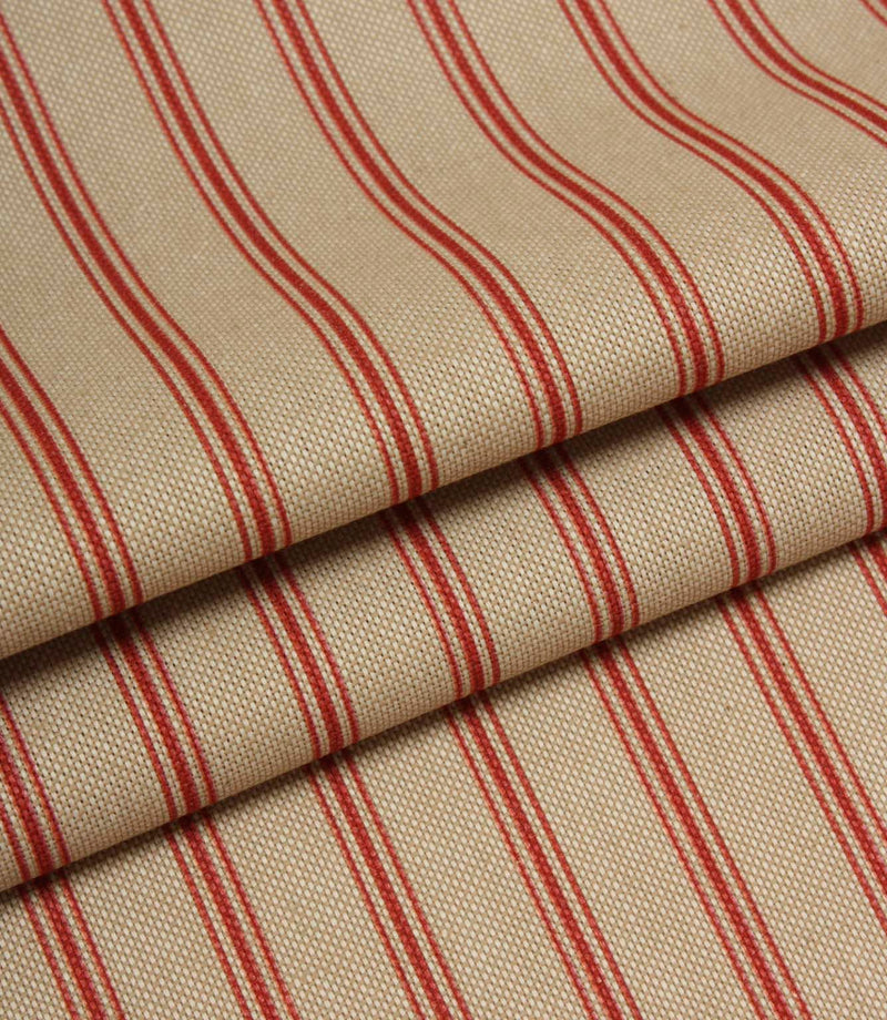 Folded beige and red striped fabric showing the scale of the ticking stripe pattern and woven construction.