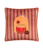 Square Pumpkin Spice velvet cushion with alternating dusty pink and burgundy stripes, orange piping and an embroidered pumpkin-shaped drink with Halloween pumpkins.