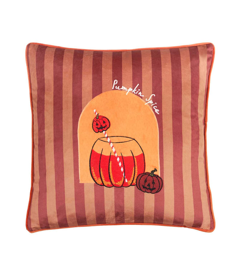 Square Pumpkin Spice velvet cushion with alternating dusty pink and burgundy stripes, orange piping and an embroidered pumpkin-shaped drink with Halloween pumpkins.