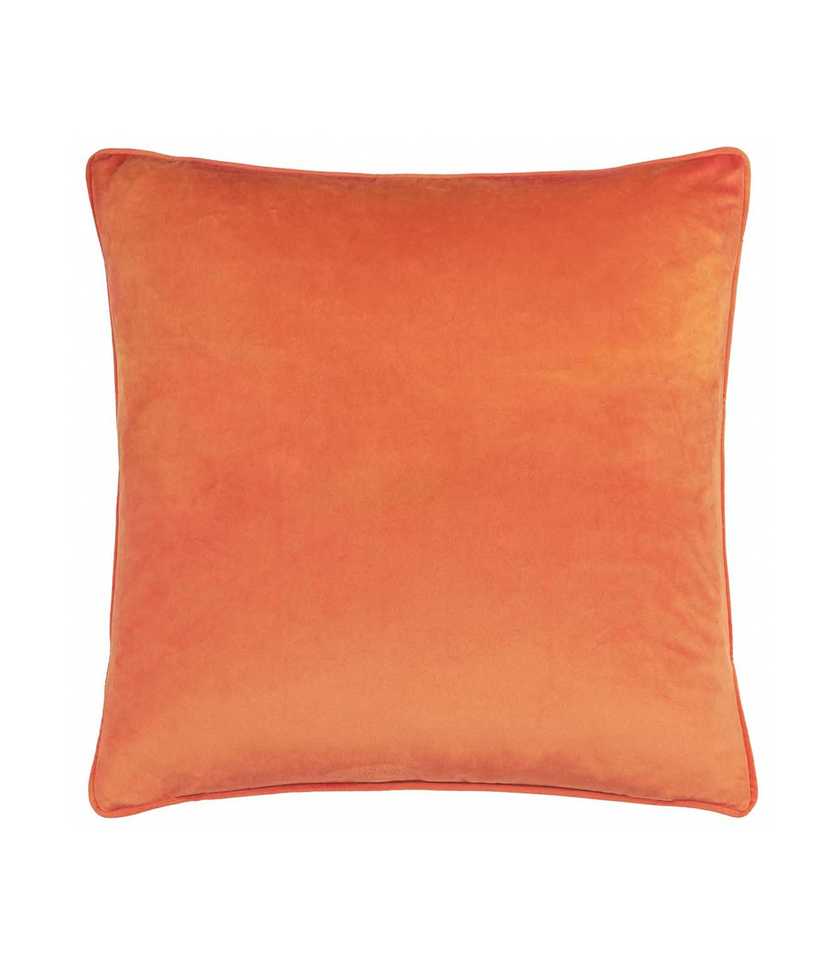 Reverse of the Pumpkin Spice velvet cushion in plain burnt orange velvet with coordinating piped edges, photographed against a white background.