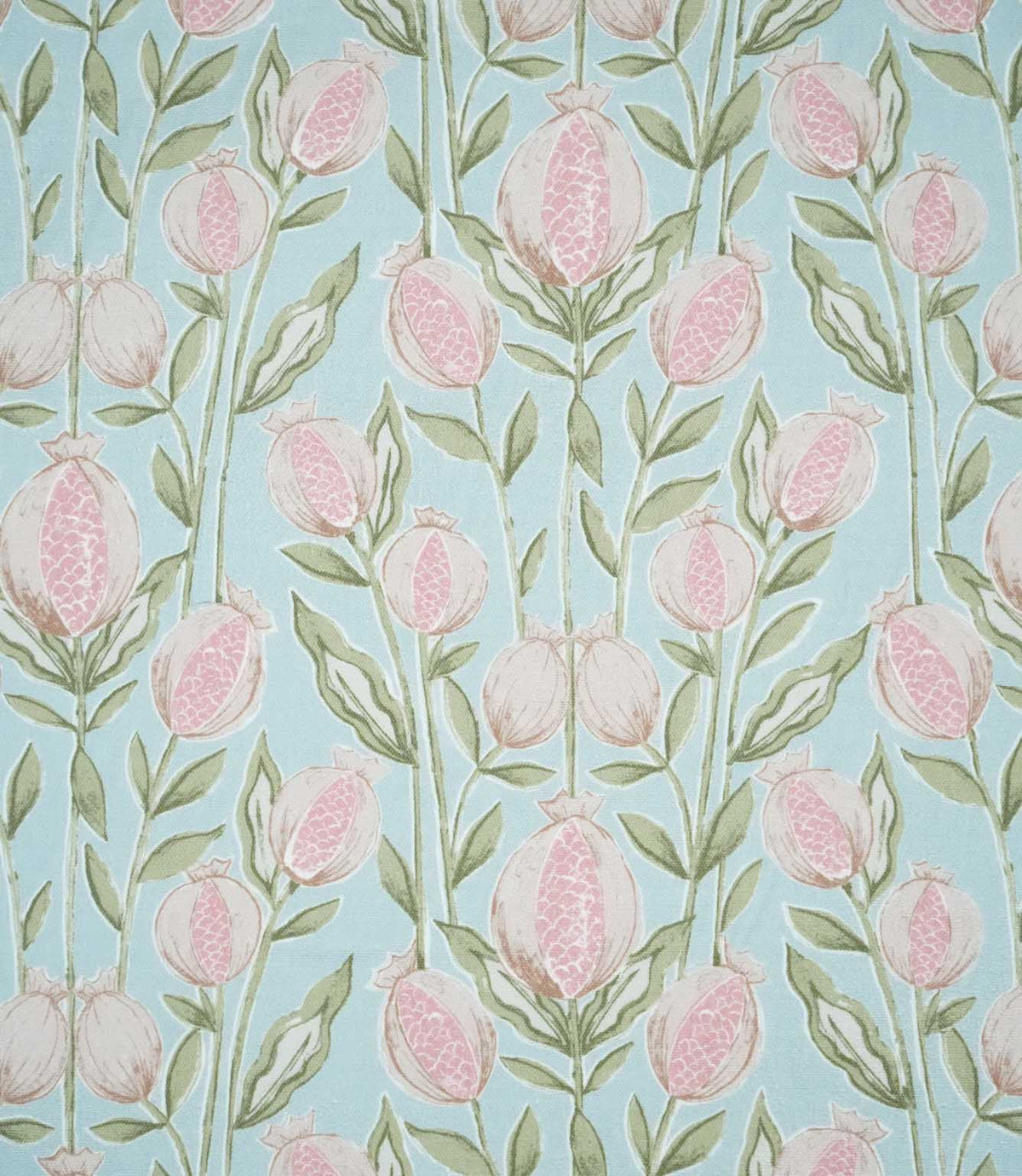 Rithani Robin's Egg fabric featuring a repeating botanical print of pink and cream pomegranates, delicate sage green foliage and slender stems on a soft duck egg blue background.