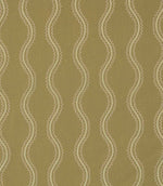 Riverhead Kelp embroidered fabric featuring flowing ivory wavy stripes with delicate scalloped detailing on a muted olive green textured background.