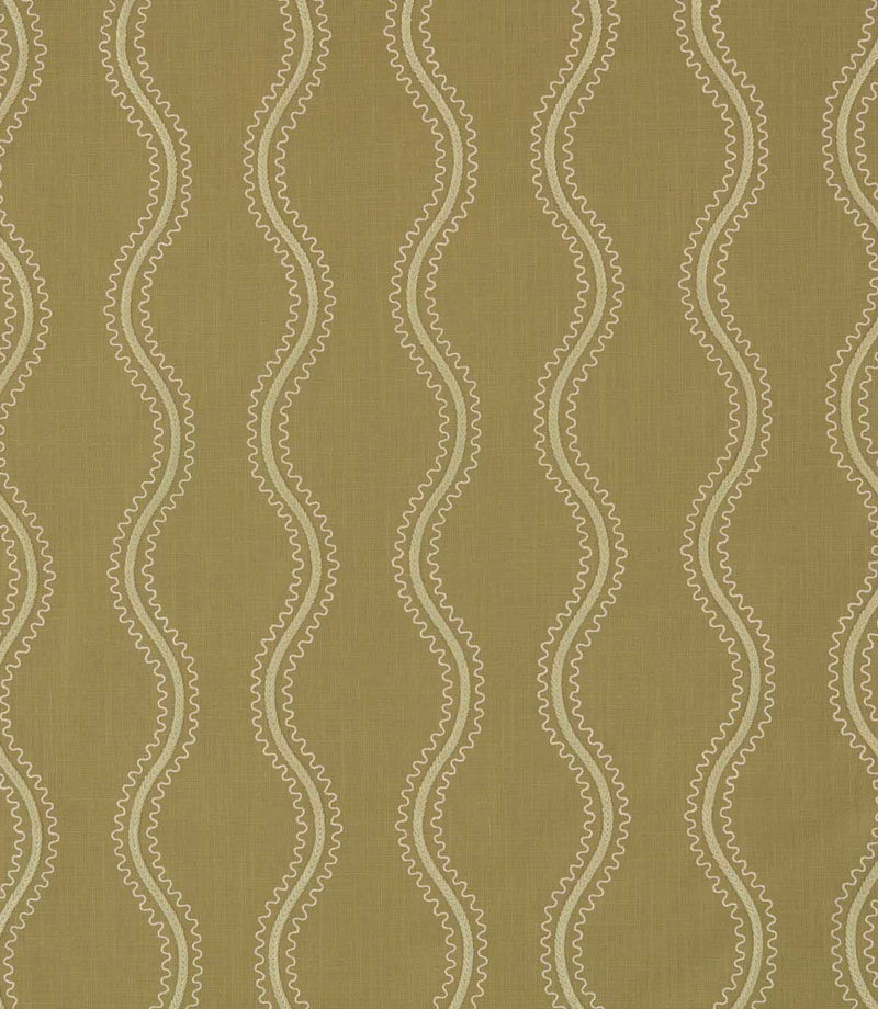 Riverhead Kelp embroidered fabric featuring flowing ivory wavy stripes with delicate scalloped detailing on a muted olive green textured background.