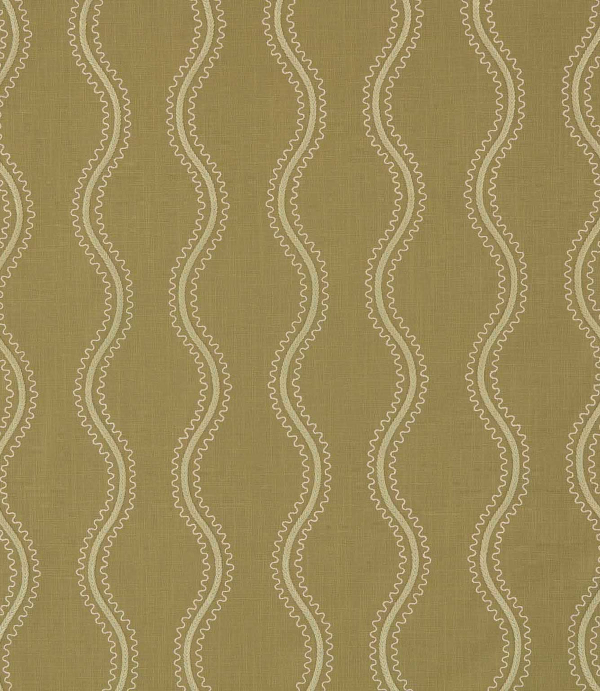 Riverhead Kelp embroidered fabric featuring flowing ivory wavy stripes with delicate scalloped detailing on a muted olive green textured background.