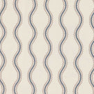 Riverhead Nautica fabric featuring vertical embroidered blue wavy stripes bordered by delicate taupe scalloped lines on a soft ivory background.