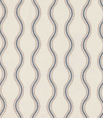 Riverhead Nautica fabric featuring vertical embroidered blue wavy stripes bordered by delicate taupe scalloped lines on a soft ivory background.