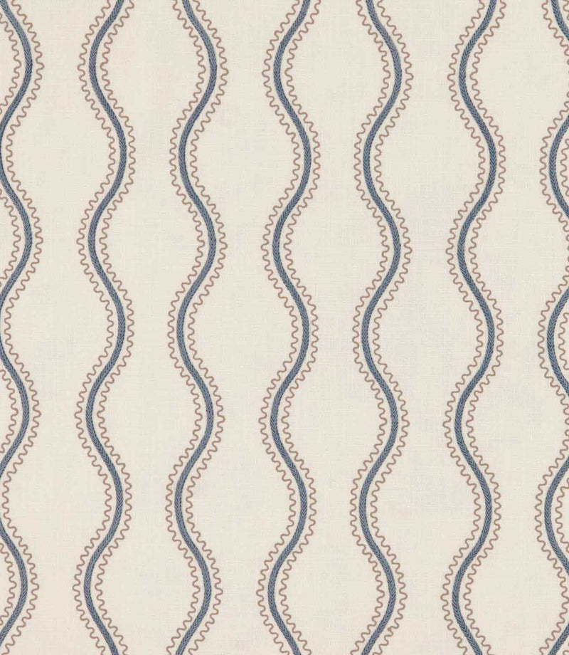 Riverhead Nautica fabric featuring vertical embroidered blue wavy stripes bordered by delicate taupe scalloped lines on a soft ivory background.