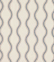 Riverhead Nautica fabric featuring vertical embroidered blue wavy stripes bordered by delicate taupe scalloped lines on a soft ivory background.