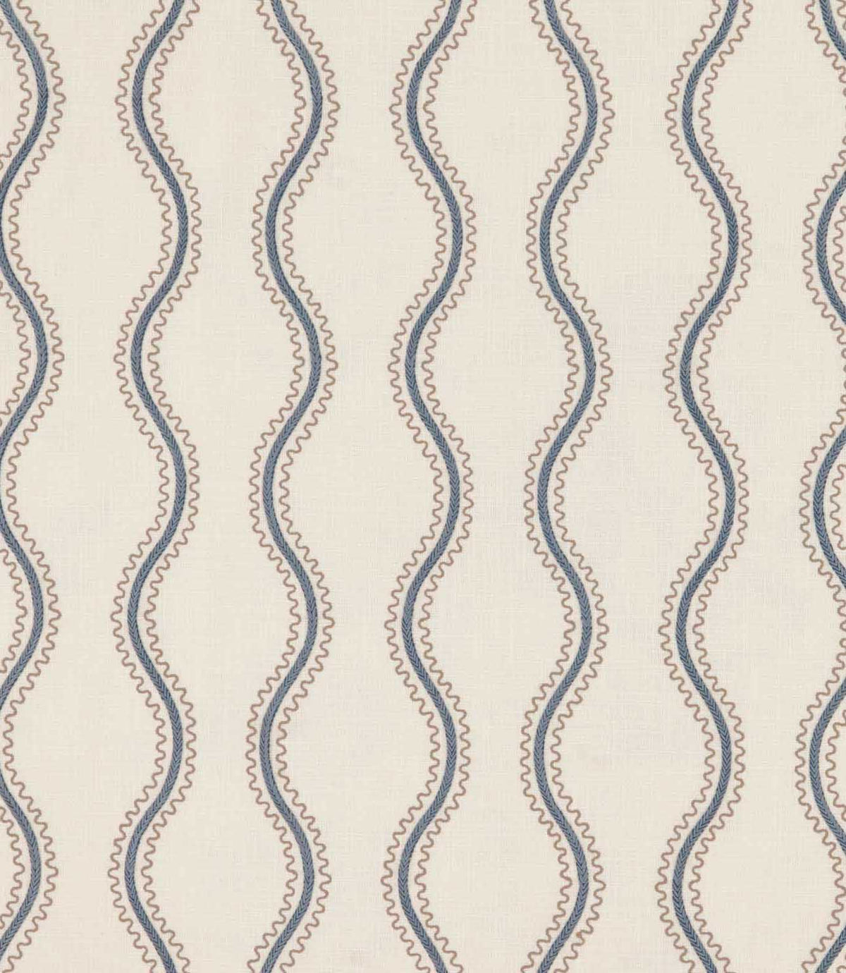 Riverhead Nautica fabric featuring vertical embroidered blue wavy stripes bordered by delicate taupe scalloped lines on a soft ivory background.