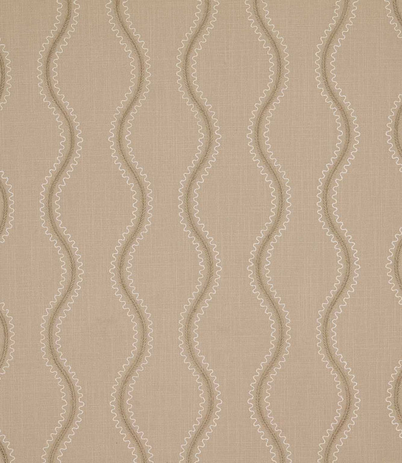 Riverhead Quaker embroidered fabric with gently undulating beige stripes and delicate ivory scalloped detailing on a natural taupe textured background.