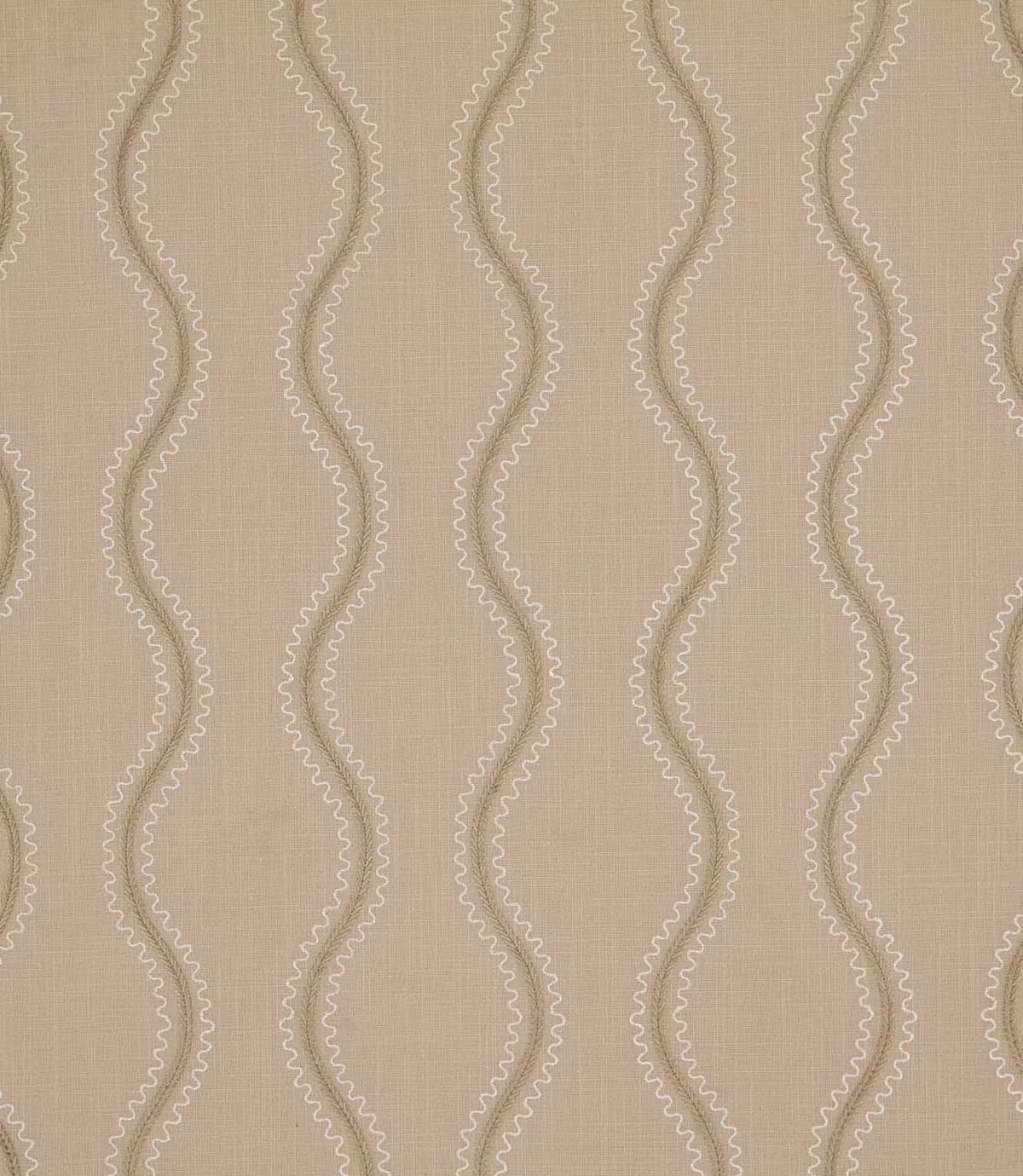 Riverhead Quaker embroidered fabric with gently undulating beige stripes and delicate ivory scalloped detailing on a natural taupe textured background.