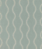 Riverhead Saltwater fabric featuring flowing ivory embroidered stripes with fine scalloped edges on a soft seafoam blue-green textured background.