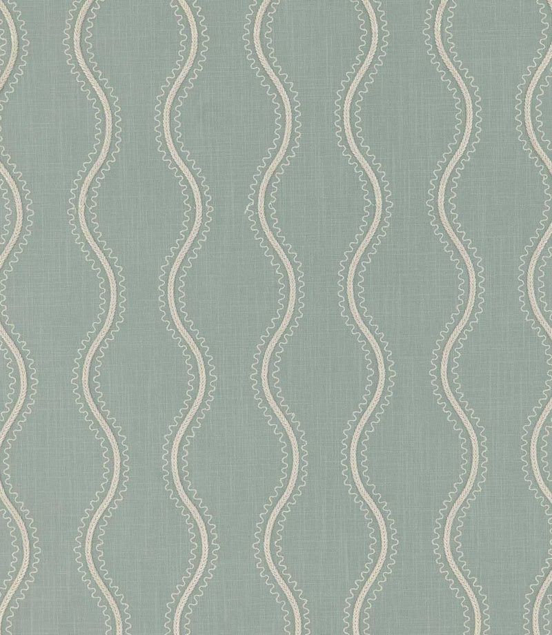 Riverhead Saltwater fabric featuring flowing ivory embroidered stripes with fine scalloped edges on a soft seafoam blue-green textured background.