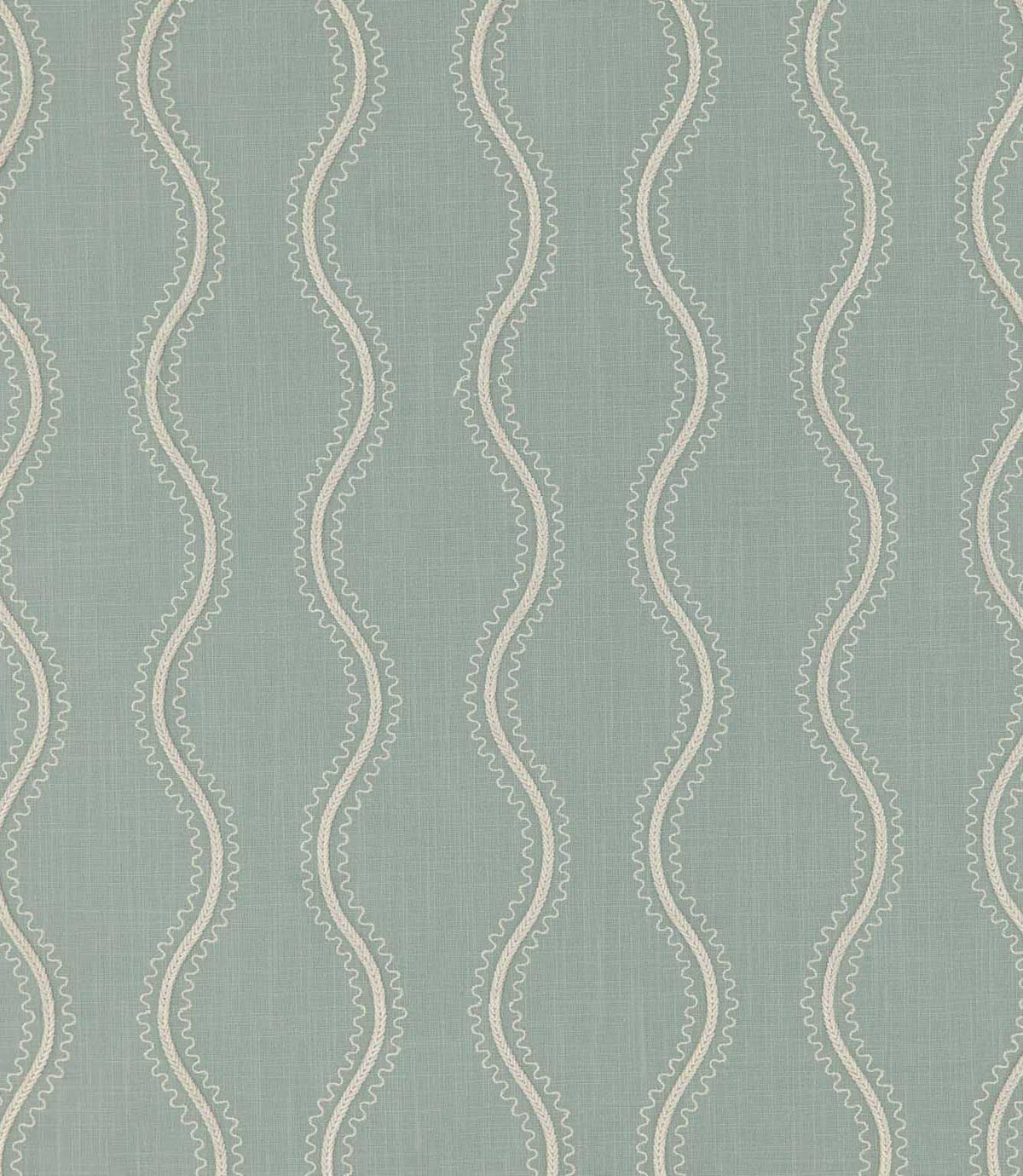 Riverhead Saltwater fabric featuring flowing ivory embroidered stripes with fine scalloped edges on a soft seafoam blue-green textured background.