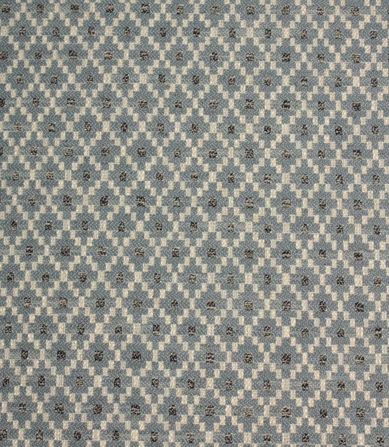 Rossini Denim fabric featuring a geometric woven pattern in denim blue, cream and charcoal tones.