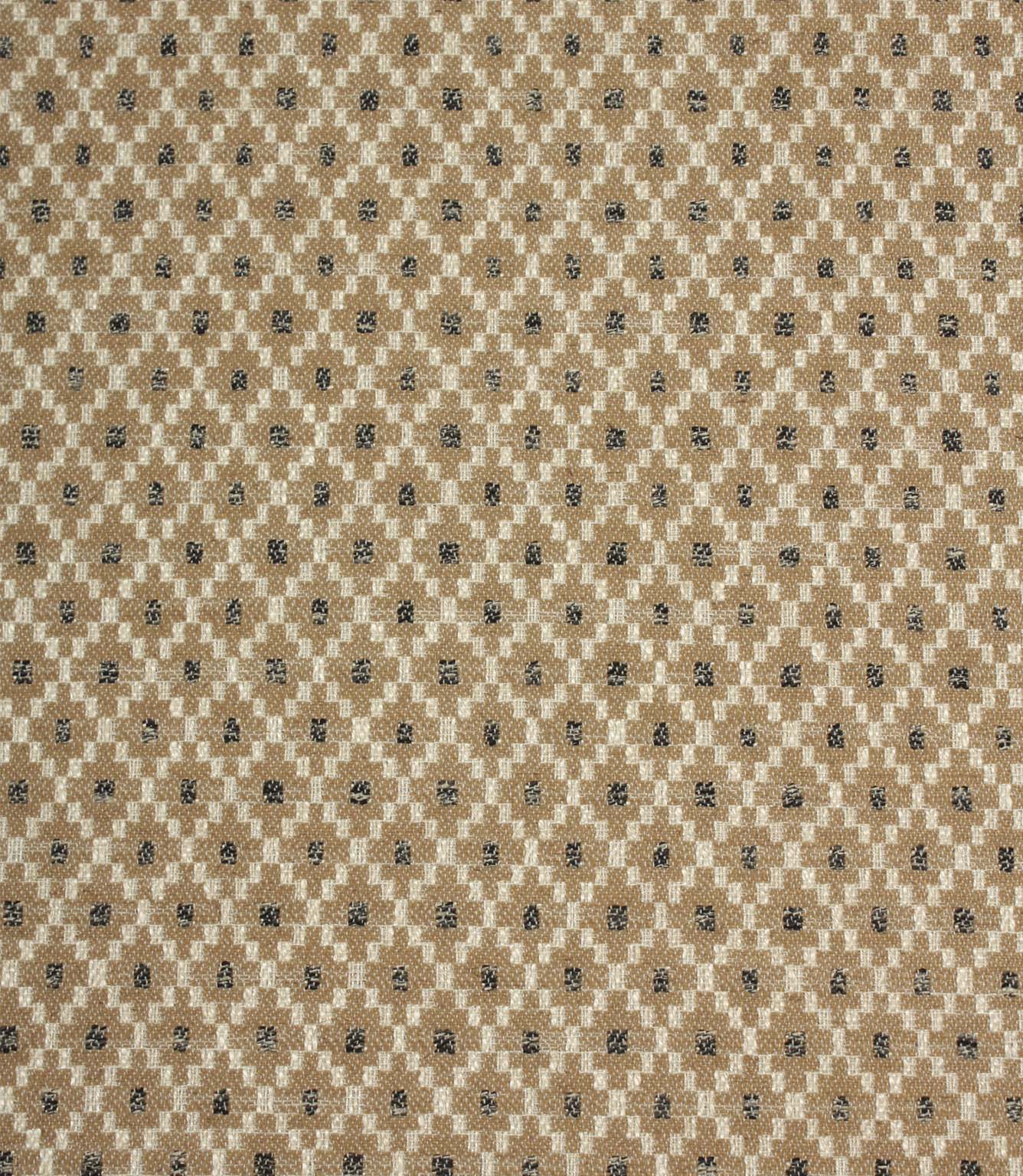 Rossini Mocha fabric featuring a woven geometric pattern in warm mocha, cream and charcoal tones.