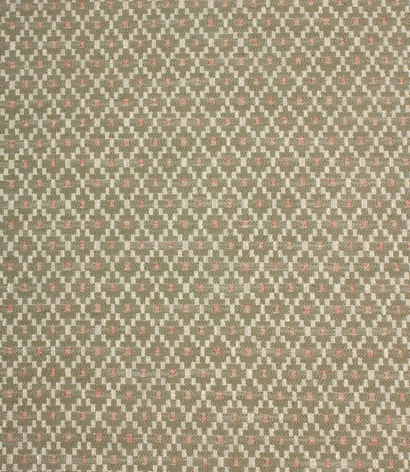 Sage green and cream woven fabric featuring a small-scale geometric pattern with soft blush pink accents in a repeating lattice design.