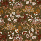 Olive green jacquard fabric featuring stylised leopards, tropical leaves and floral motifs in rust, cream and ochre tones.
