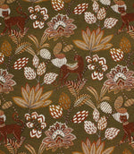 Olive green jacquard fabric featuring stylised leopards, tropical leaves and floral motifs in rust, cream and ochre tones.