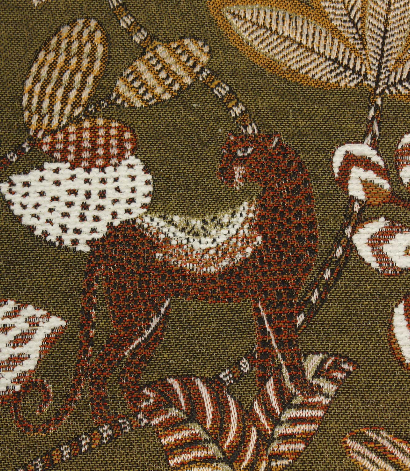 Close-up of woven leopard motif on olive green decorative fabric with textured botanical detailing.