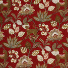 Red jacquard fabric with stylised leopard and floral pattern in cream, olive and gold tones.