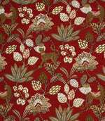 Red jacquard fabric with stylised leopard and floral pattern in cream, olive and gold tones.