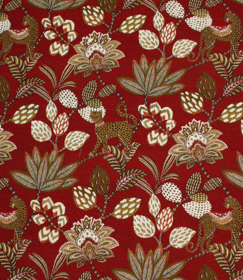 Red jacquard fabric with stylised leopard and floral pattern in cream, olive and gold tones.