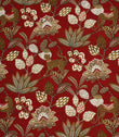 Red jacquard fabric with stylised leopard and floral pattern in cream, olive and gold tones.