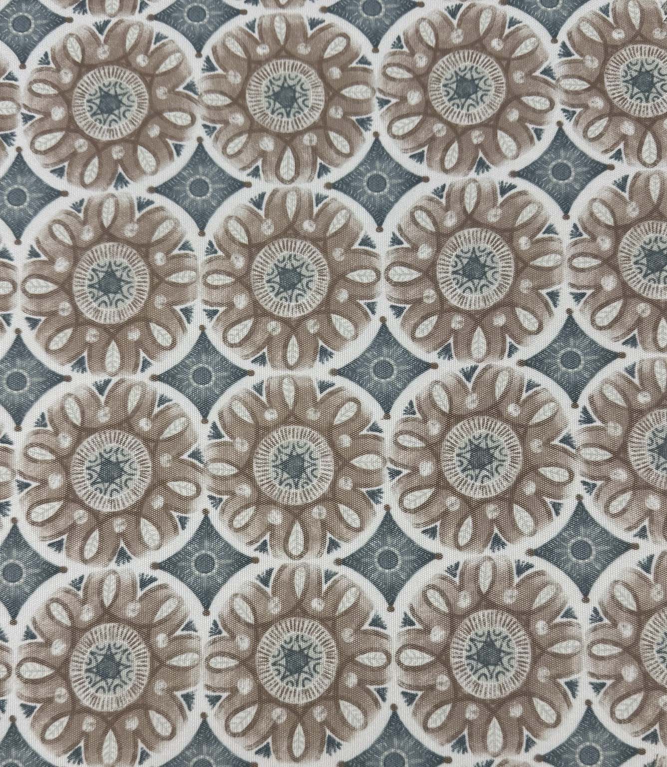Full repeat view of Sand Rosette outdoor upholstery fabric with decorative botanical medallions in beige, duck egg blue, cream, and soft grey tones.