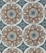 Close-up of Sand Rosette foliage outdoor fabric with stylised floral motifs in warm beige and dusty blue tones against a soft cream background.

