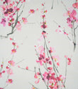 Seville Blossom Stone fabric featuring a delicate watercolour floral print of pink, blush and deep raspberry blossoms on slender grey-green branches against a soft stone background.