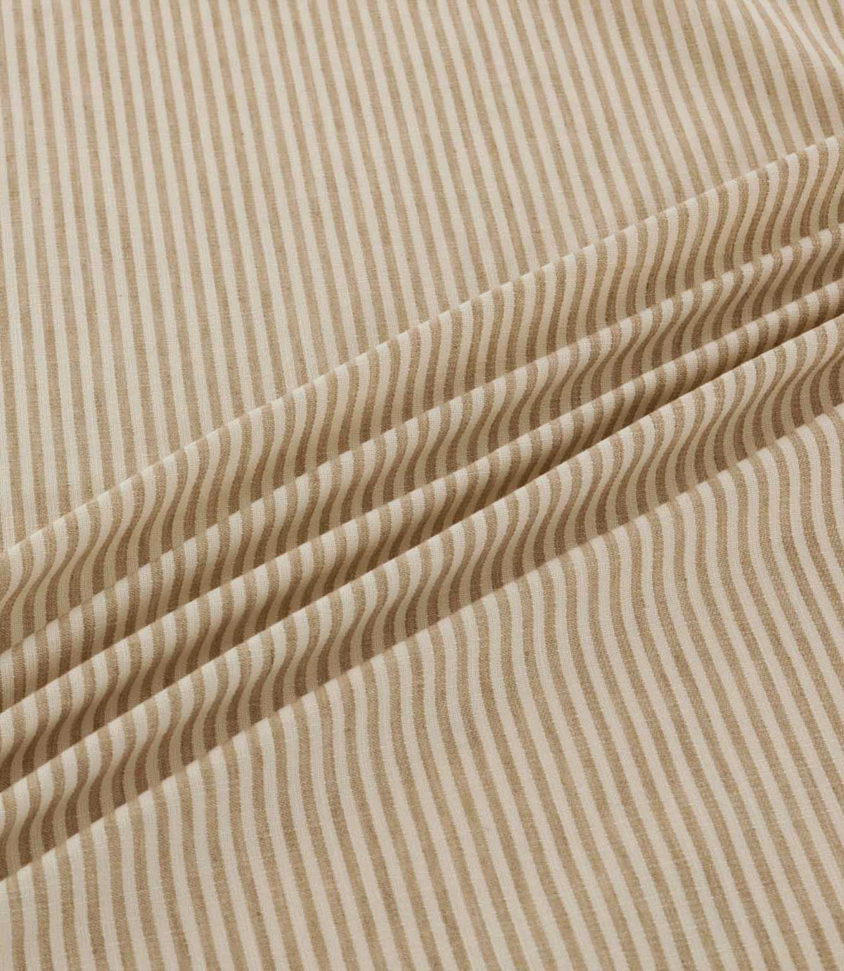 Shoreham Papyrus striped fabric arranged in soft diagonal folds, showcasing its warm taupe beige and cream ticking stripes, textured woven finish and natural drape.