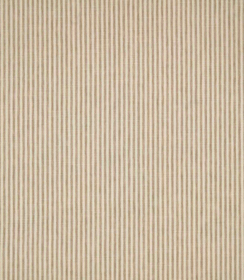 Shoreham Papyrus striped fabric featuring fine, evenly spaced vertical taupe beige and natural cream stripes, with a subtle woven texture and classic ticking stripe design.