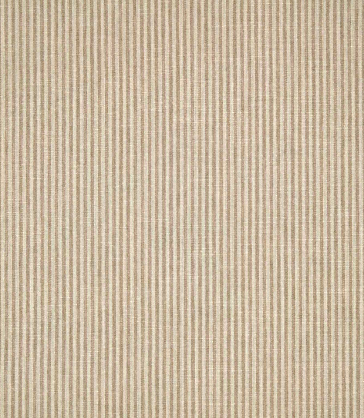 Shoreham Papyrus striped fabric featuring fine, evenly spaced vertical taupe beige and natural cream stripes, with a subtle woven texture and classic ticking stripe design.