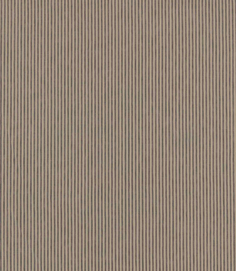 Shoreham Rockport striped fabric featuring evenly spaced vertical taupe grey and natural beige ticking stripes, with a subtle woven texture and classic, timeless design.