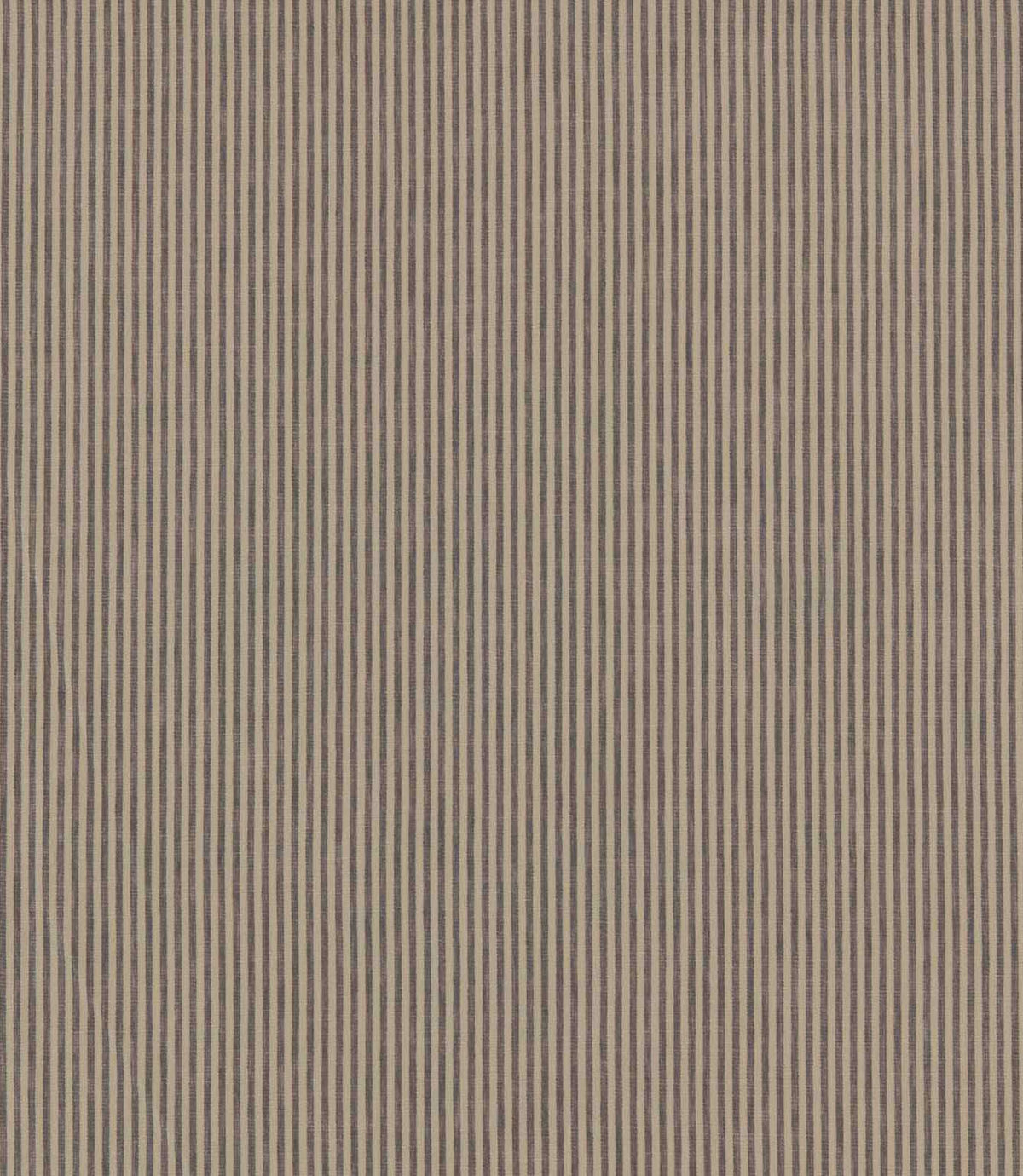 Shoreham Rockport striped fabric featuring evenly spaced vertical taupe grey and natural beige ticking stripes, with a subtle woven texture and classic, timeless design.