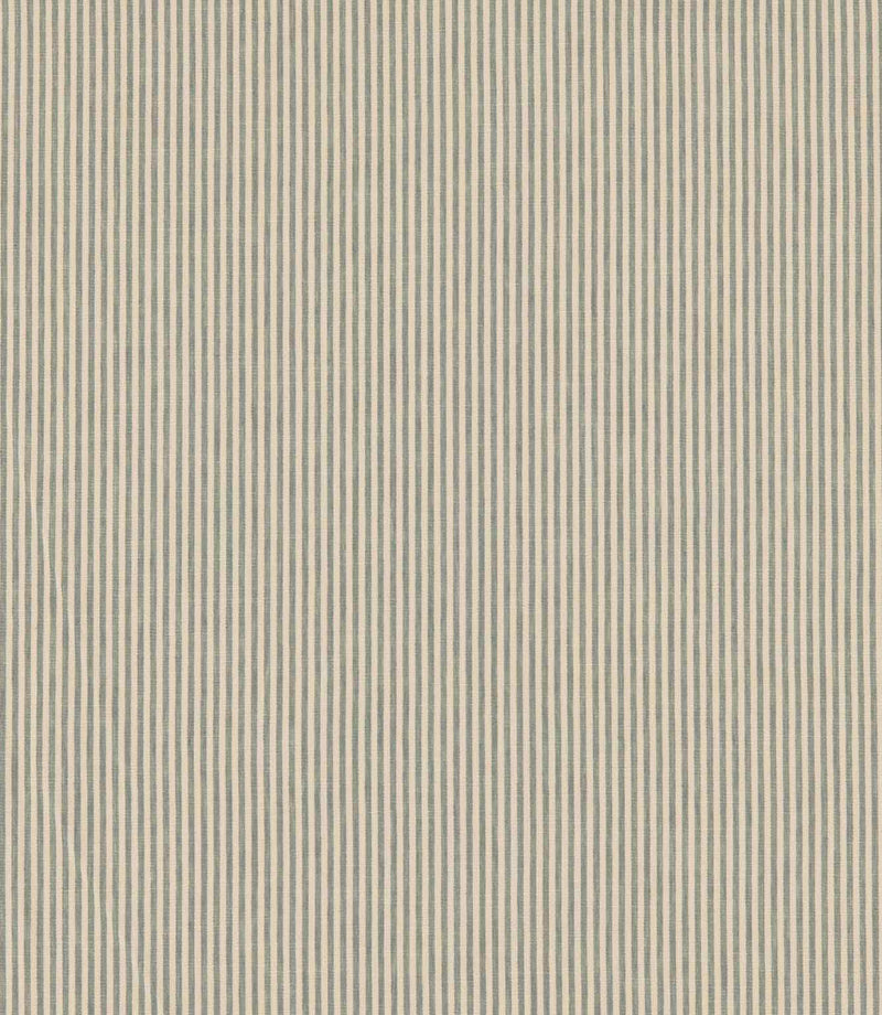 Shoreham Saltwater striped fabric featuring fine, evenly spaced vertical blue-grey and natural cream stripes, with a subtle woven texture and classic ticking stripe design.