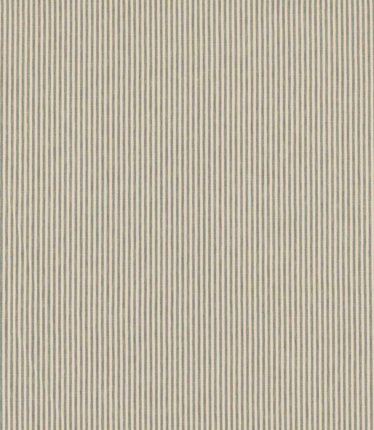 Shoreham Saltwater striped fabric featuring fine, evenly spaced vertical blue-grey and natural cream stripes, with a subtle woven texture and classic ticking stripe design.