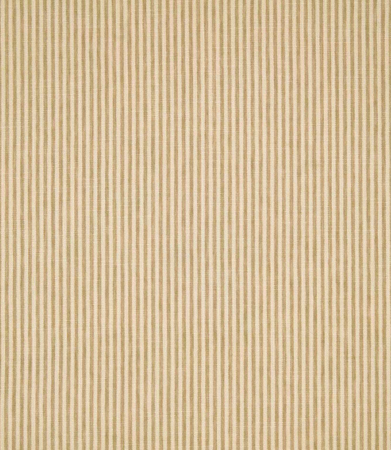 Shoreham Sandytan striped fabric featuring fine, evenly spaced vertical sandy beige and natural cream stripes, with a subtle woven texture and classic ticking stripe design.