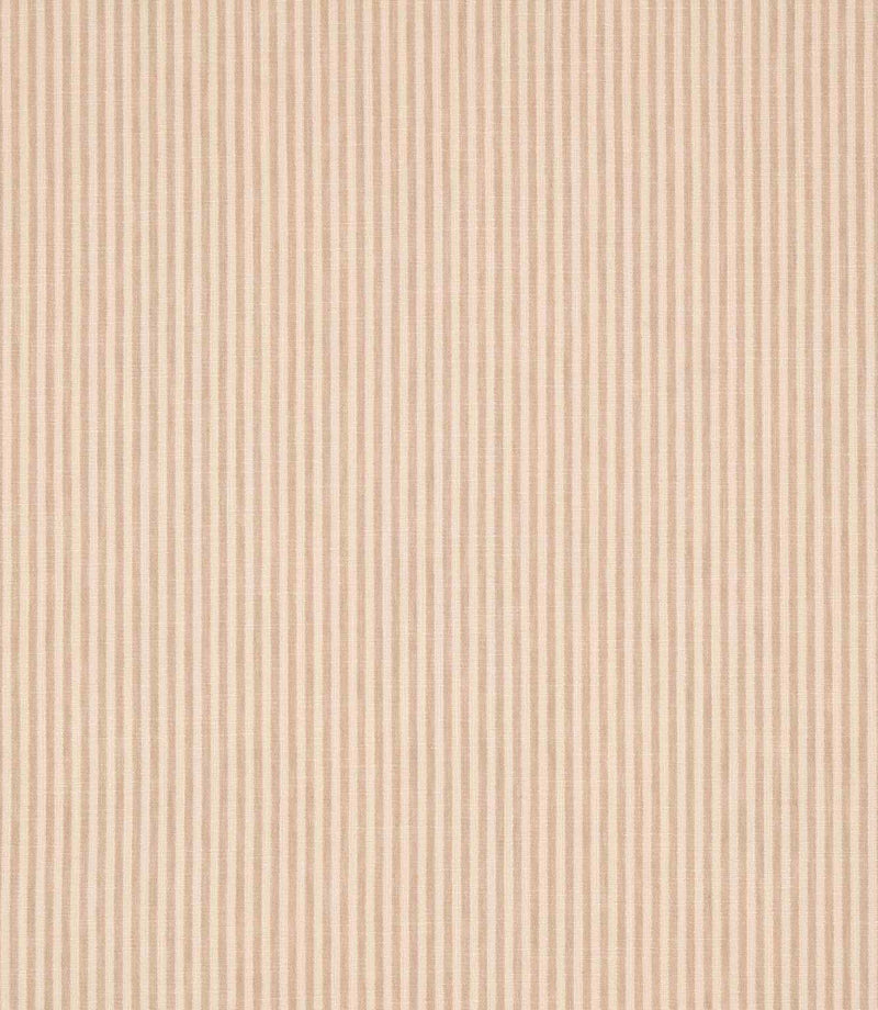 Shoreham Shell striped fabric featuring fine, evenly spaced vertical blush pink and natural cream stripes, with a subtle woven texture and classic ticking stripe design.