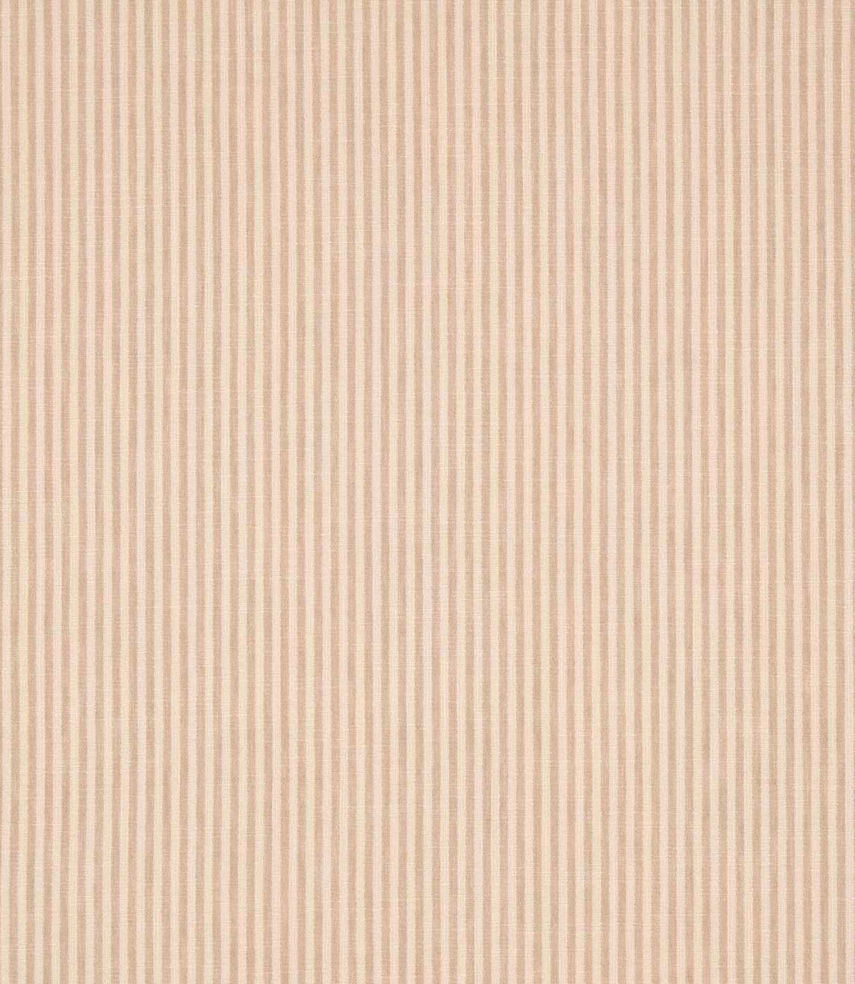 Shoreham Shell striped fabric featuring fine, evenly spaced vertical blush pink and natural cream stripes, with a subtle woven texture and classic ticking stripe design.