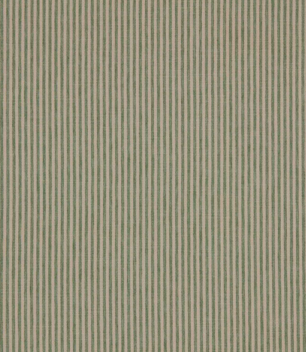 Shoreham Spring striped fabric featuring fine, evenly spaced vertical sage green and natural beige stripes, with a subtle woven texture and a classic ticking stripe design.