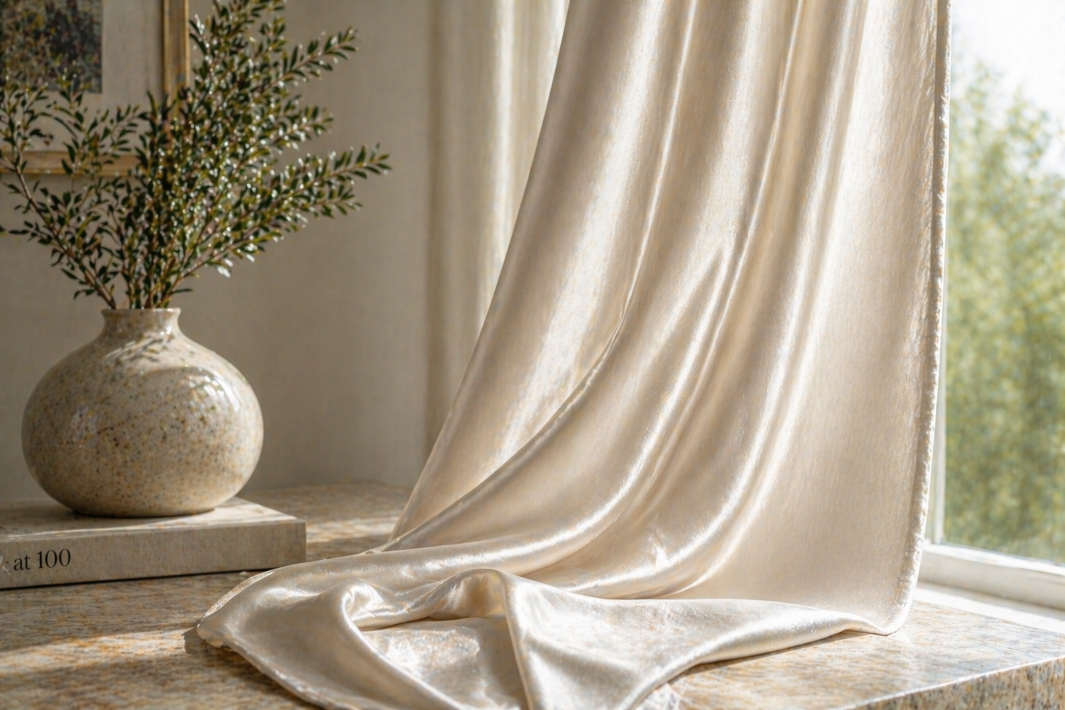 Draped beige fabric on a window sill with a vase and plant in the background