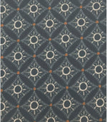 Full repeat view of Solstice Halo outdoor upholstery fabric with delicate circular motifs in soft cream, slate blue, and warm terracotta tones.