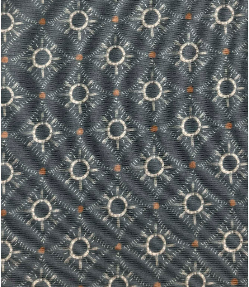 Full repeat view of Solstice Halo outdoor upholstery fabric with delicate circular motifs in soft cream, slate blue, and warm terracotta tones.