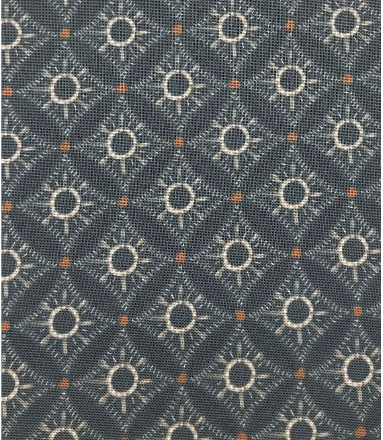 Full repeat view of Solstice Halo outdoor upholstery fabric with delicate circular motifs in soft cream, slate blue, and warm terracotta tones.