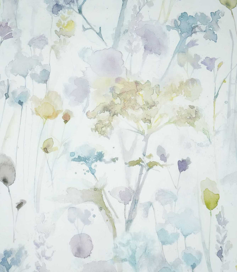 Sorong Lemon floral fabric featuring an airy watercolour design of pale blue, lavender and soft yellow wildflowers, with sage green foliage and delicate stems on an off-white background.